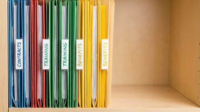 A neatly organized shelf with folders labeled "Contracts," "Training," and "Benefits," showcasing efficient document management in an office setting.