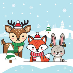 Fototapeta premium Cute Cartoon Christmas Woodland Animals: Deer, Fox, and Rabbit in Snowy Winter Landscape Vector