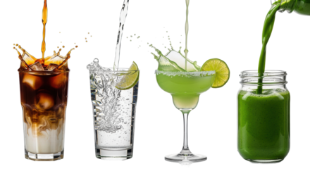 four dynamically splashing beverages (iced coffee, water, margarita, green smoothie) frozen in time under dramatic rim lighting against a transparent background. concept for beverage advertising
