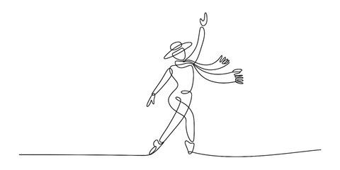 Continuous line art drawing of a dancing figure wearing a hat and flowing scarf Vector, illustration