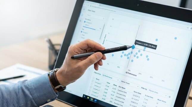 A person analyzes data on a computer screen, using a stylus to highlight points in a scatter plot for better visualization and insights.