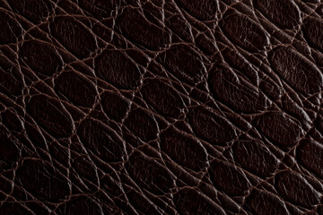Close view of textured brown leather with natural patterns and creases on surface in good lighting