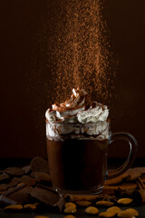 Hot drink with whipped cream and chocolate topping being prepared in a cozy setting at night