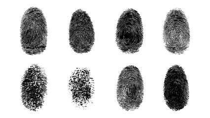 Abstract grunge fingerprint handprint background set with dirty ink paint texture. black and white human identity forensic security concept vector illustration.