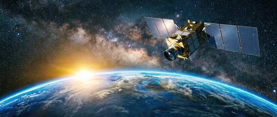 A satellite orbits Earth, capturing the beauty of space with a vibrant sunrise illuminating the planet below, against a backdrop of stars and the Milky Way.
