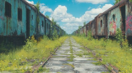 Obraz premium Old train cars along overgrown railway tracks on a sunny day