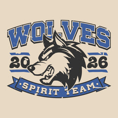 Wolves team vector mascot in vintage varsity style spirit team.