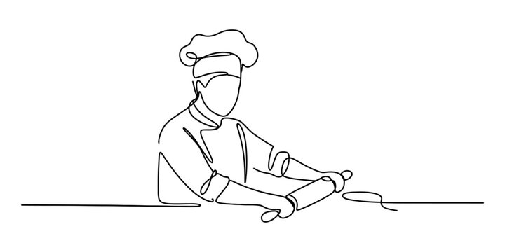 Minimalist continuous line drawing of a professional chef preparing a pastry with a rolling pin Vector, illustration