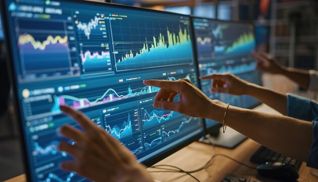 A focused team analyzes data trends on multiple computer screens, showcasing financial graphs and metrics for informed decision-making. - Powered by Adobe