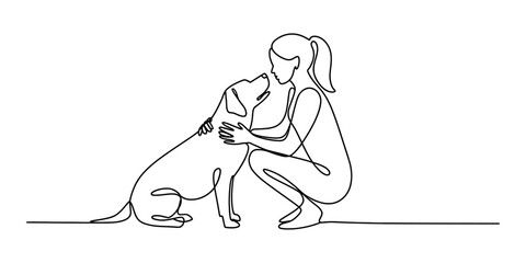 Continuous line drawing of a woman embracing her dog, symbolizing friendship and affection Vector, illustration