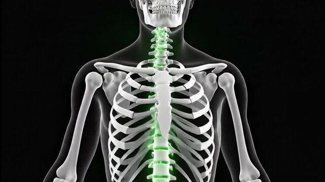 Human Skeleton with Highlighted Spine in Yoga Pose and Close-up Views on Black Background.