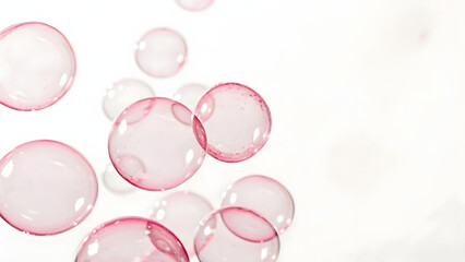 Pink, transparent bubbles against a clean white background