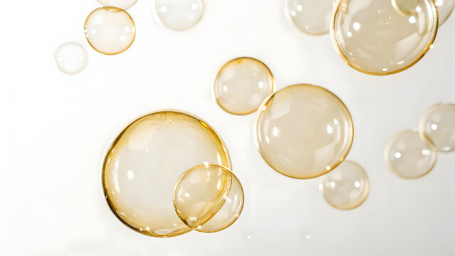 gold bubbles on a white isolated surface with abstract light reflections