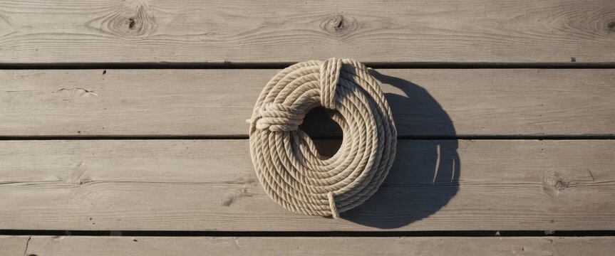 Coiled natural rope resting on a rustic wooden deck under clear outdoor sunlight - Powered by Adobe