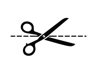 Black scissors cutting a dashed line a simple graphic illustration