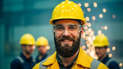 Portrait of a smiling bearded construction worker wearing yellow hard hat and safety glasses
