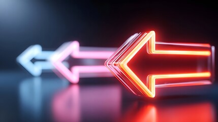 A striking visual of three abstract neon arrows receding into darkness  The foremost is red and orange followed by pink and then blue
