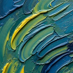 Close-up of vibrant, thick impasto paint strokes in shades of blue, green, and yellow, creating a dynamic abstract texture on canvas.