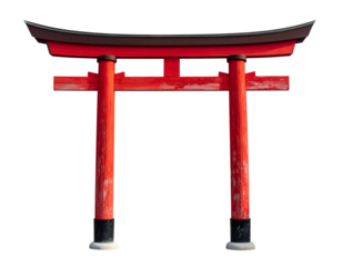 Red arched gateway with black bases against a dark background