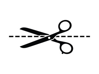 A pair of black scissors cutting a dashed line simple graphic design