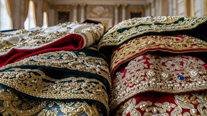 Luxurious ceremonial attire in vibrant colors showcasing intricate designs and textures against an opulent palace dressing room background for fashion and event styling inspiration.