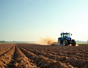 Obraz premium Blue tractor cultivates dry brown earth in open field, throwing dust. Rows of soil stretch to horizon under clear sky. Rural farm prepares land for planting crops.