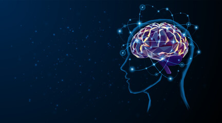 Abstract depiction of a human head with an artificial neural network or artificial intelligence brain. Technology theme: Digital brain science for future learning. Background concept: Innovative moder