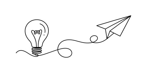 An idea takes flight represented by a light bulb and paper airplane single line art Vector, illustration © Creative_Oneline