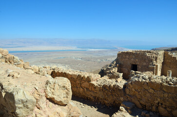 Judean desert and Dead sea scenery view from Masada fortress, Israel