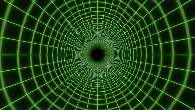 Neon-green tunnel with glowing grid lines converges to a dark center, forming a sci-fi vortex in 3D