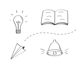 Doodle icons of school supplies and items. Vector illustration of a sketch book, a paper airplane, a light bulb and a bell.