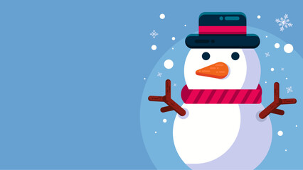 Winter Wonderland Illustration: A cheerful snowman, adorned with a top hat and a vibrant scarf, stands amidst falling snowflakes against a soft blue backdrop.