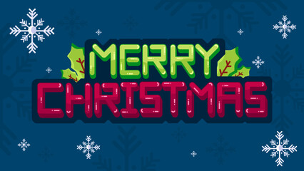 Holiday cheer: The words MERRY CHRISTMAS shine with festive spirit, framed by snowflakes and festive holly branches, evoking the joy of the holiday season.