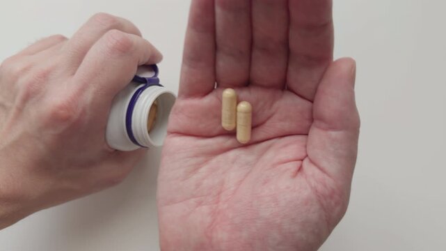 A man pouring vitamin B complex capsules from a plastic bottle into his palm and taking them. Close up.
