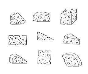 Cheese with holes vector doodle illustration. A set of pieces of maasdam cheese. Isolated on white background.
