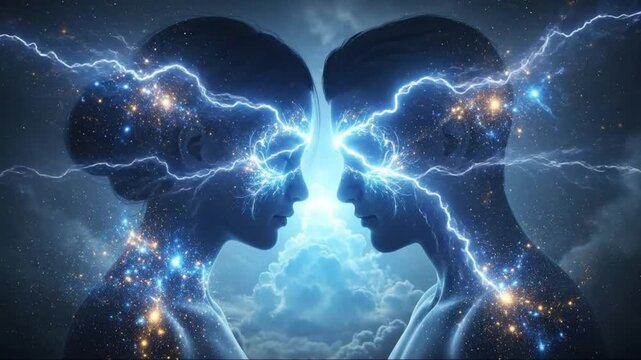 Telepathic Connection: Two Human Profiles Interacting with Electric Energy and Golden Sparks, Mind Power Concept