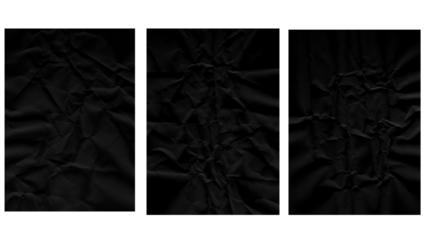 Black crumpled paper texture backgrounds in a triptych layout, creating a dramatic and tactile visual effect