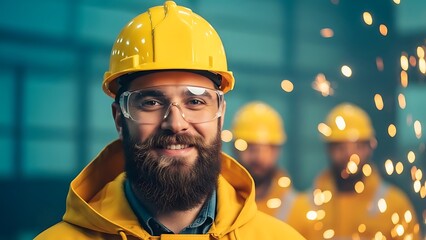 Confident smiling bearded man in yellow hard hat and safety glasses at industrial site