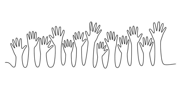 Continuous line drawing of raised hands representing community and participation Vector, illustration