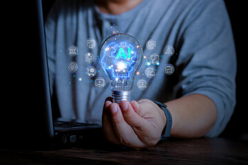 Ai,Artificial intelligence innovation concept with glowing light bulb, digital icons, creativity, smart technology and future business ideas