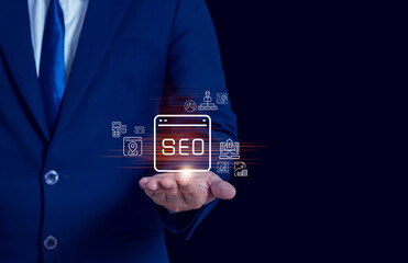 Businessman presenting SEO optimization concept with digital icons, search engine marketing, analytics, and online growth strategy.