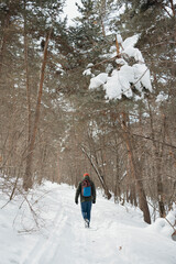man walking in winter snowy forest