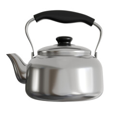 A shiny chrome whistling kettle with a black curved handle and lid knob, isolated on a transparent background, viewed from the side.
