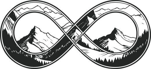 Single-line illustration of a mountain landscape forming an infinity symbol, adventure and freedom theme 1 © Lain Art Master