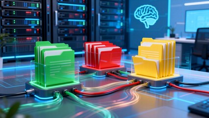 Colorful folders connected to server racks