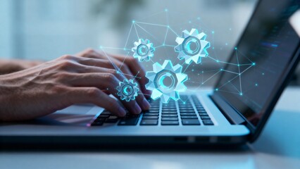 Hands typing on laptop with digital gears