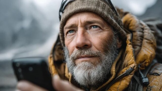 Smart Senior Male Adventurer at Mountain Base Camp