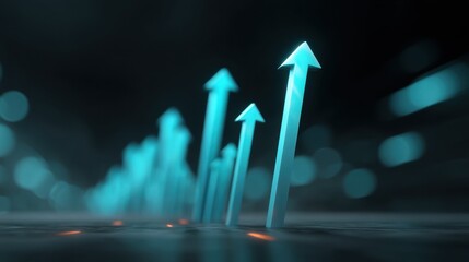 Abstract representation of upward growth and success with glowing arrows symbolizing progress in a dark futuristic environment