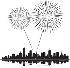 Fireworks illuminate the silhouette of a bustling city skyline during a celebratory event, creating a dynamic visual narrative.