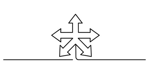 A continuous single line drawing of five arrows pointing in different directions, symbolizing choice Vector, illustration